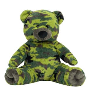 A stuffed bear with camouflage pattern on it.