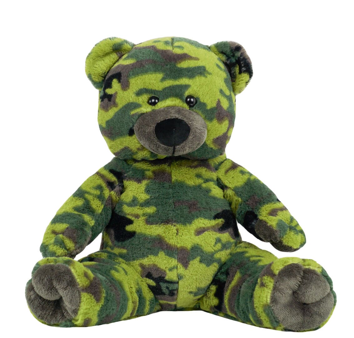 A stuffed bear with camouflage pattern on it.