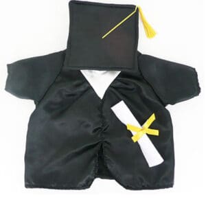 A black graduation outfit with a yellow ribbon.