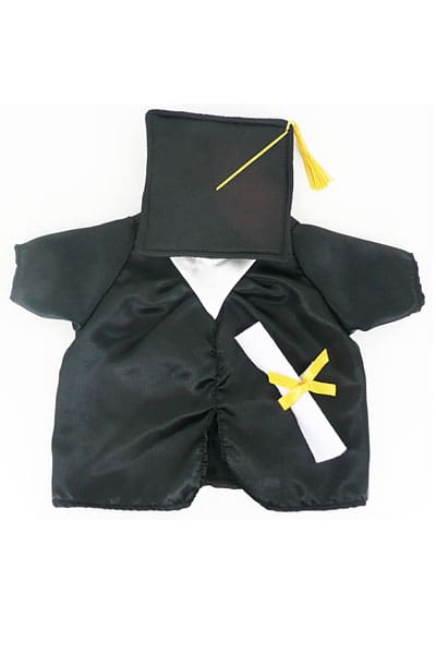 A black graduation outfit with a yellow ribbon.