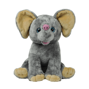 A stuffed elephant with pink ears and blue eyes.