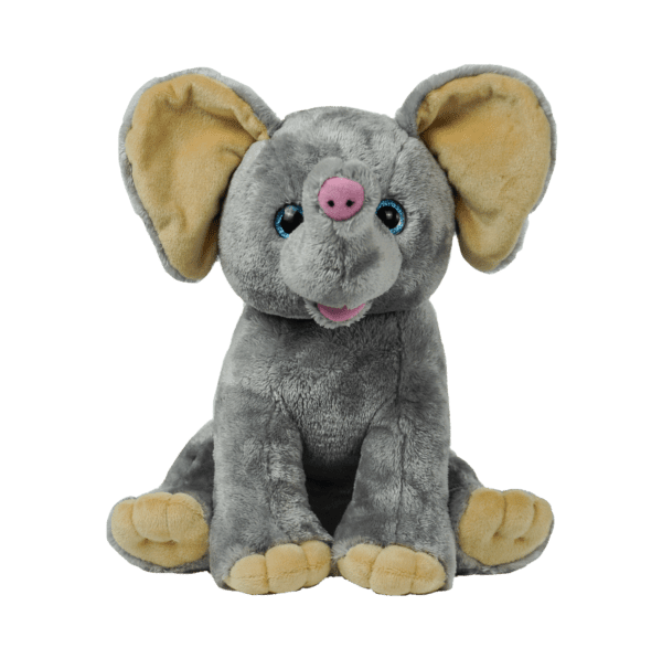 A stuffed elephant with pink ears and blue eyes.