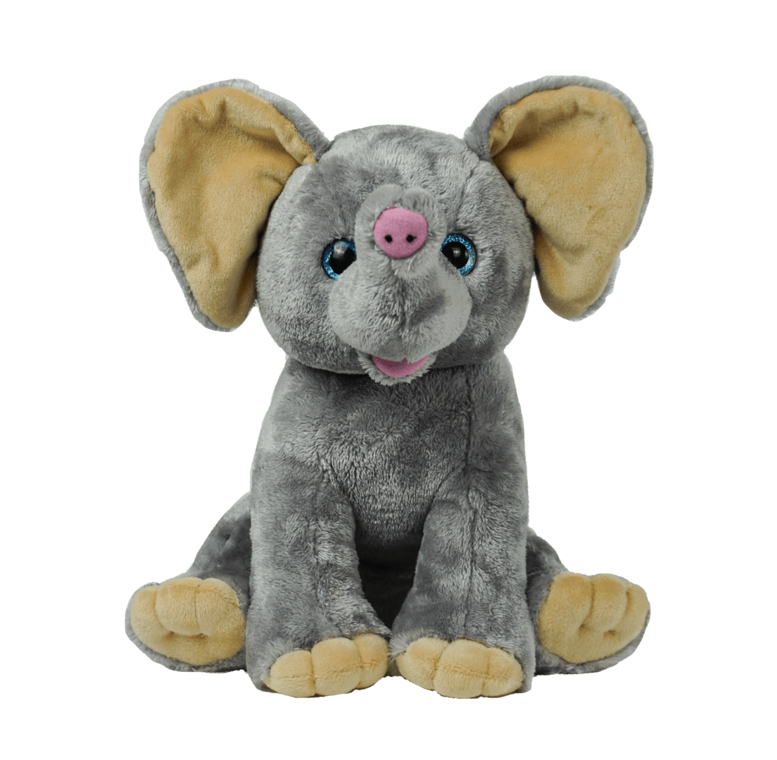 A stuffed elephant with pink ears and blue eyes.