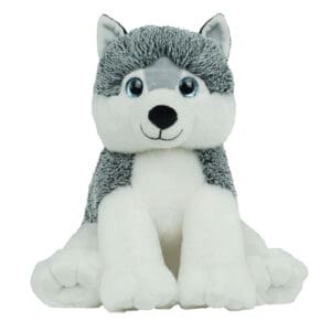 A stuffed animal husky dog sitting on its back legs.