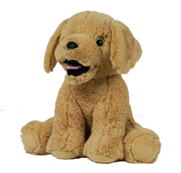 A stuffed dog sitting on its back legs.