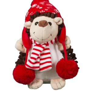 A stuffed animal wearing a hat and scarf.