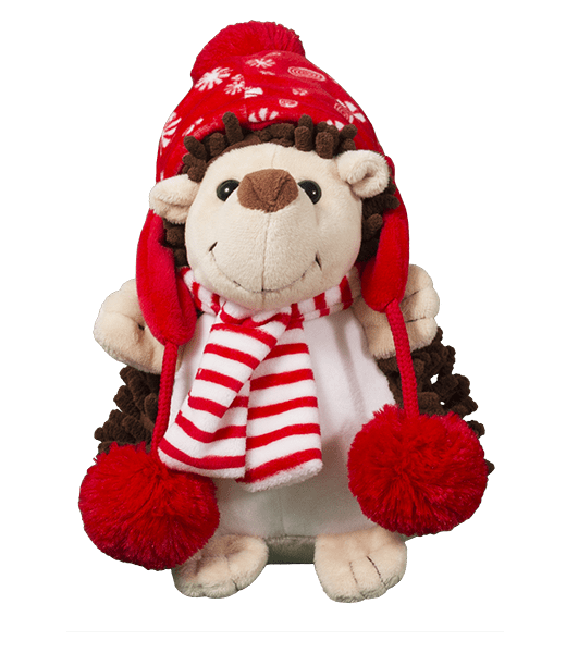 A stuffed animal wearing a hat and scarf.