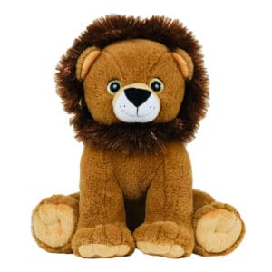 A stuffed lion sitting on its side with it's head turned to the left.