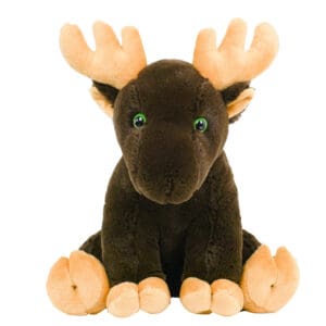 A stuffed animal moose sitting on top of the ground.