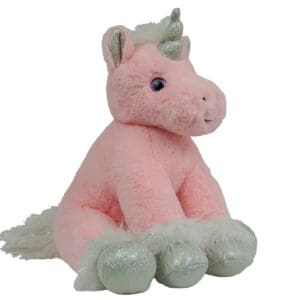 A pink unicorn sitting on top of a white table.