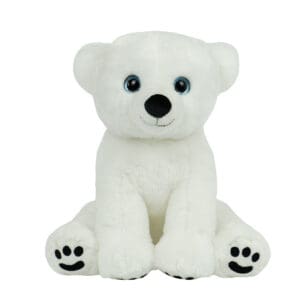 A white stuffed bear with black paws sitting on top of it.