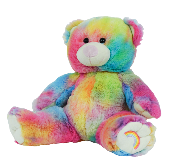 A rainbow colored teddy bear is sitting on the ground.