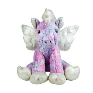 A stuffed unicorn with wings and silver hair.