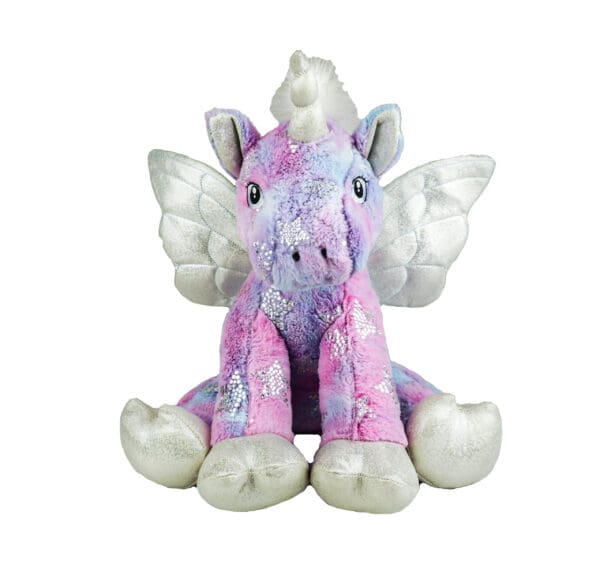 A stuffed unicorn with wings and silver hair.