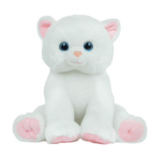 A white cat with pink paws sitting on top of it's back legs.