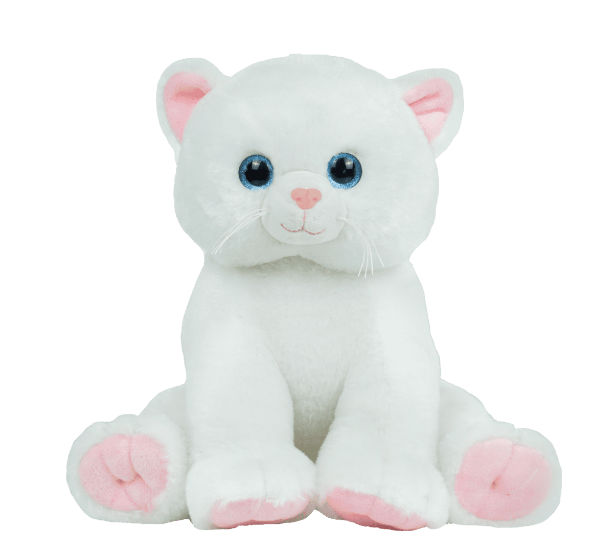 A white cat with pink paws sitting on top of it's back legs.