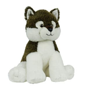 A stuffed animal dog sitting on its back legs.