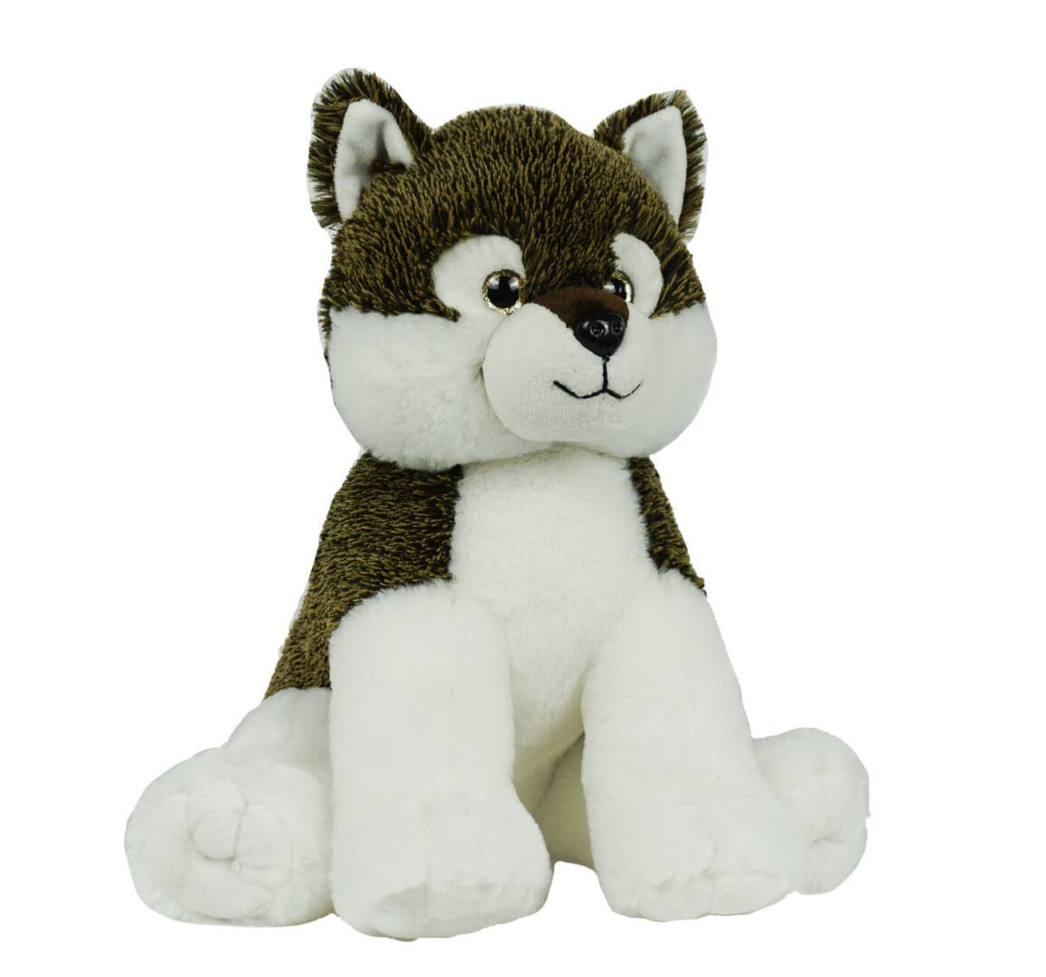 A stuffed animal dog sitting on its back legs.