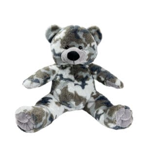 A stuffed bear with camouflage pattern on it.