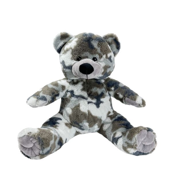 A stuffed bear with camouflage pattern on it.