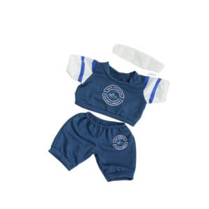 Blue athletic outfit for stuffed animal.