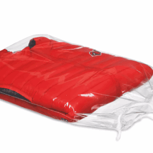 Red jacket in a clear plastic bag.