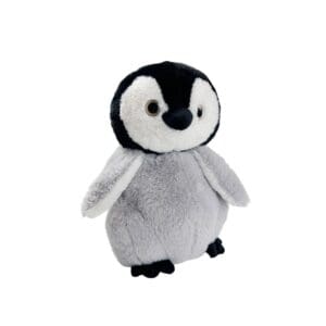 A cute plush penguin toy with soft gray and black colors.
