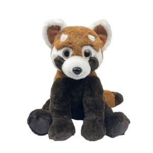 A cute plush red panda sitting upright with big eyes and soft fur.
