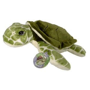 A small green plush sea turtle with a tag attached.