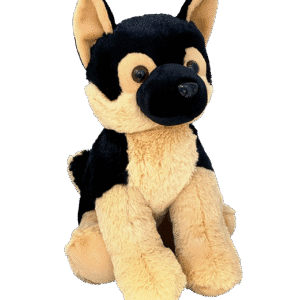 A plush dog toy with black and tan fur sitting upright.
