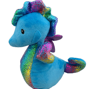 Colorful plush seahorse toy with rainbow accents.