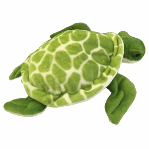 Green plush turtle toy on black background.