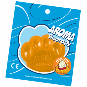 Bear-shaped scented soap packaging, blue background.