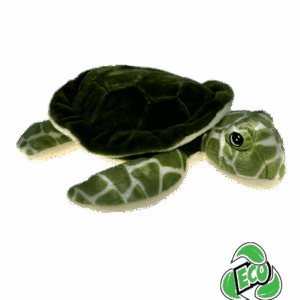 Plush green sea turtle with eco label.