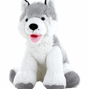 Gray and white plush husky toy.