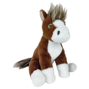 Brown and white plush horse toy.