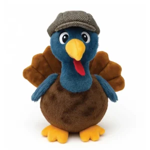 Plush turkey toy wearing a patterned hat.