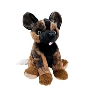 Stuffed animal of an African wild dog.