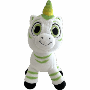 Smiling plush unicorn with green stripes.
