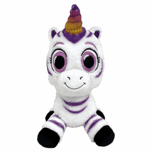 Plush unicorn toy with colorful horn.