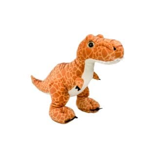 Orange dinosaur plush toy with patterned design.