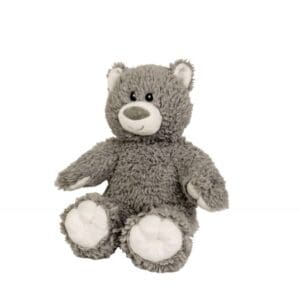 Gray stuffed teddy bear on white background.