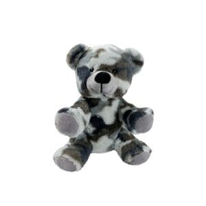 Camouflage-patterned teddy bear sitting upright.