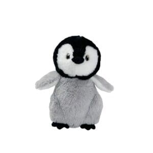 Gray and white plush penguin toy.