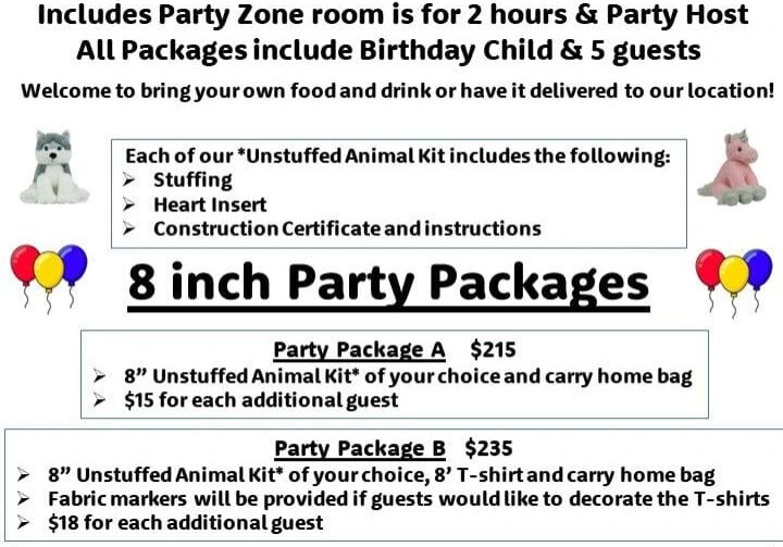 A party zone package with packages for 2 hours and 8 inch party packages.