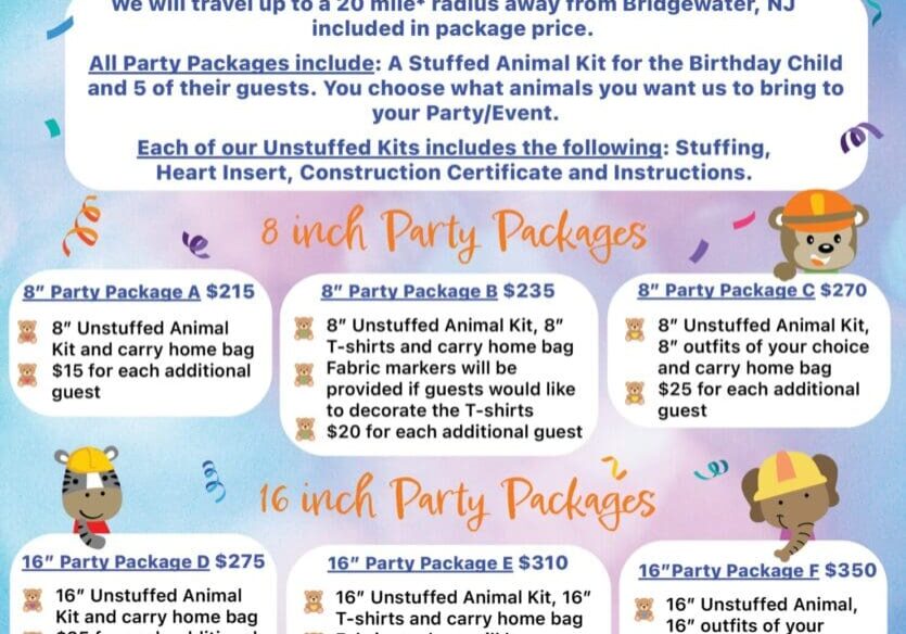 Party packages flyer for stuffed animal kits.